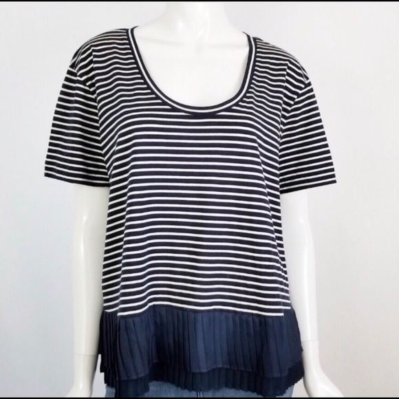 J. Crew Tops - J. Crew Blue White Stripe Pleated Chiffon Hem Tee